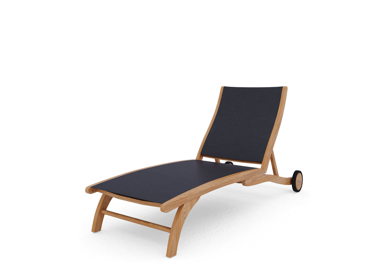 Perrin Teak Outdoor Reclining Chaise Lounger in Black with Rear Wheels Lounger