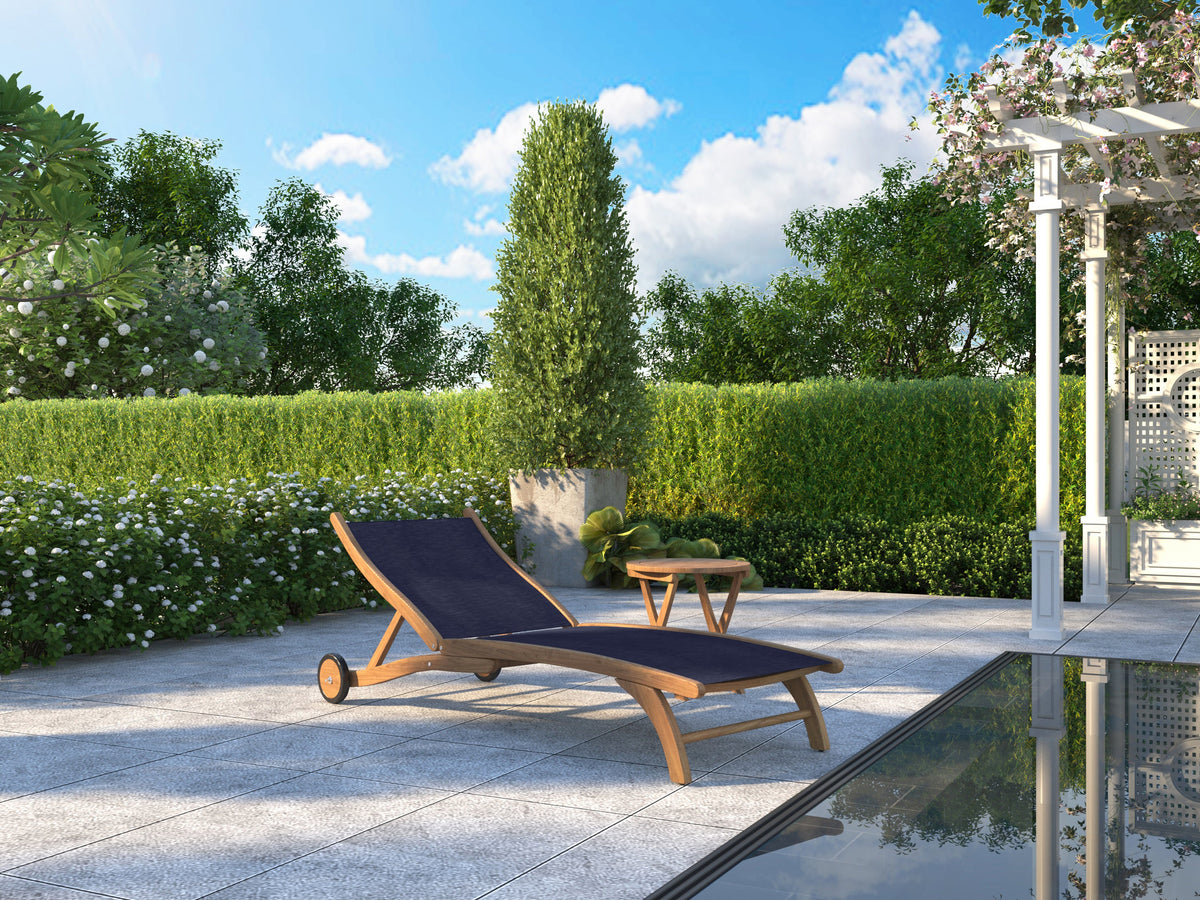 Perrin Teak Outdoor Reclining Chaise Lounger in Blue with Rear Wheels Lounger