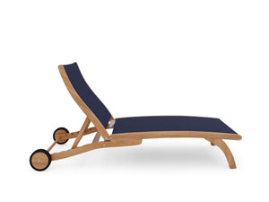 Perrin Teak Outdoor Reclining Chaise Lounger in Blue with Rear Wheels Lounger