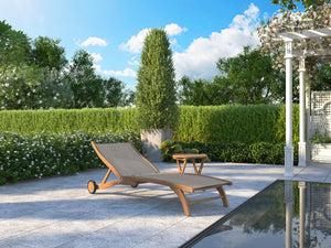 Perrin Teak Outdoor Reclining Chaise Lounger in Taupe with Rear Wheels Lounger