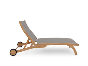 Perrin Teak Outdoor Reclining Chaise Lounger in Taupe with Rear Wheels Lounger