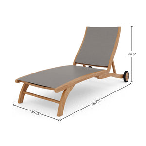 Perrin Teak Outdoor Reclining Chaise Lounger in Taupe with Rear Wheels Lounger