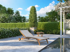 Perrin Teak Outdoor Reclining Chaise Lounger in White with Rear Wheels Lounger