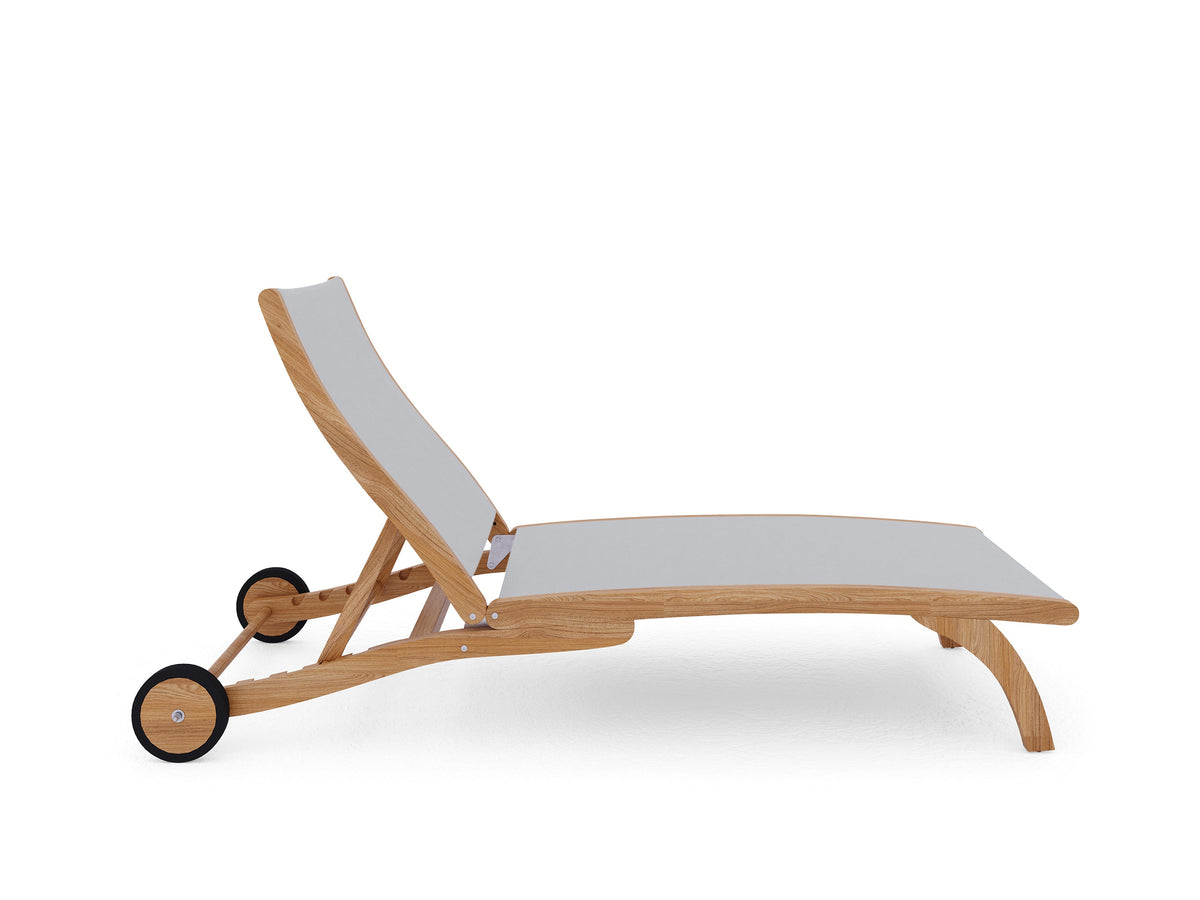Perrin Teak Outdoor Reclining Chaise Lounger in White with Rear Wheels Lounger