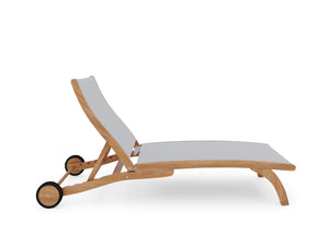 Perrin Teak Outdoor Reclining Chaise Lounger in White with Rear Wheels Lounger