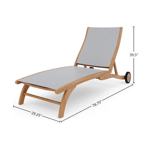 Perrin Teak Outdoor Reclining Chaise Lounger in White with Rear Wheels Lounger
