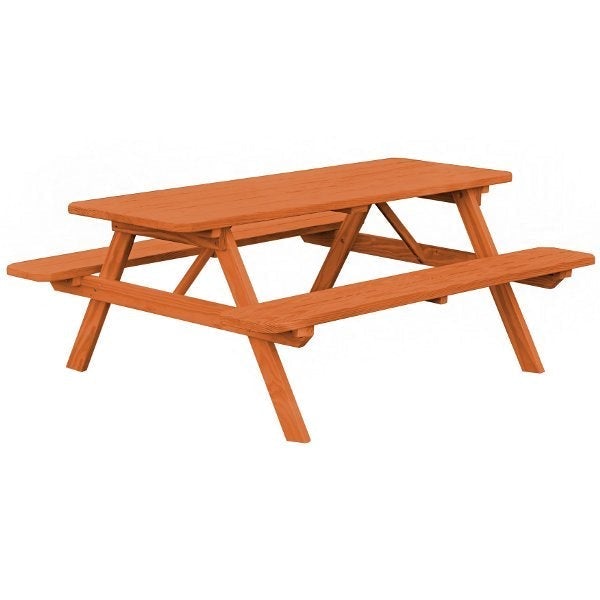 Spruce Economy Picnic Table with Attached Benches Size 6ft and 8ft Picnic Table 6ft / Redwood Stain / Without Umbrella Hole