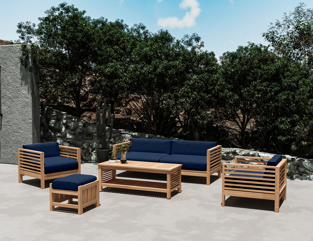 Sylvie 5-Piece Teak Outdoor Patio Deep Seating Set with Subrella Navy Cushions Outdoor deep seating