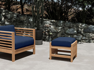 Sylvie Teak Outdoor Ottoman with Sunbrella Navy Cushion Ottoman