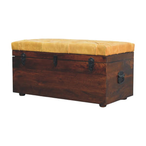 Walnut Storage Trunk Bench with Tan Leather Bench