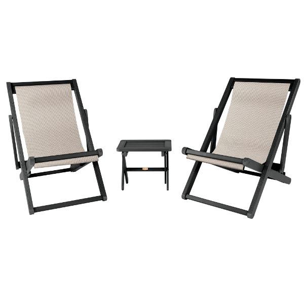 2 Arabella Folding Sling Chairs with Arabella Folding Side Table Chair &amp; Side Table Bowie / Abyss (Black)