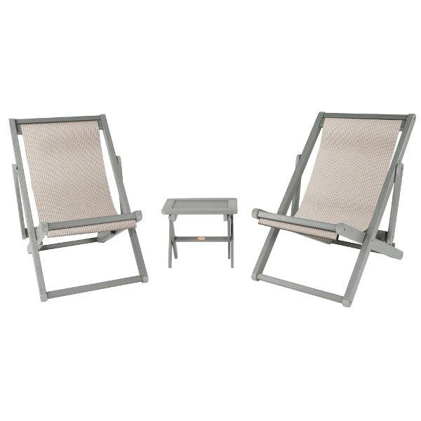 2 Arabella Folding Sling Chairs with Arabella Folding Side Table Chair &amp; Side Table Bowie / Gray