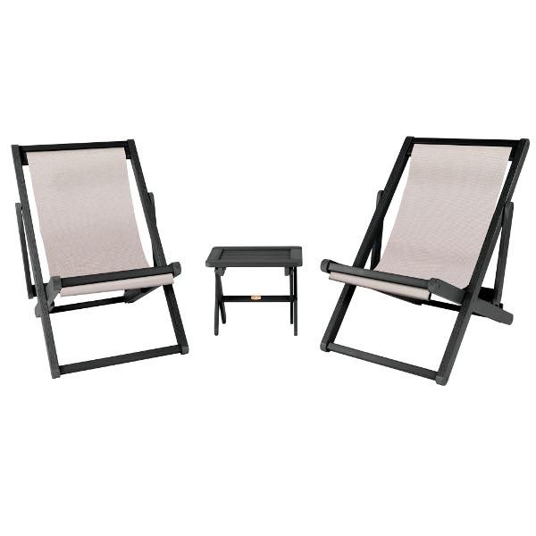 2 Arabella Folding Sling Chairs with Arabella Folding Side Table Chair &amp; Side Table Cobblestone / Abyss (Black)