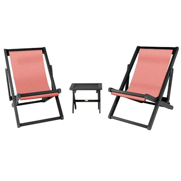 2 Arabella Folding Sling Chairs with Arabella Folding Side Table Chair &amp; Side Table Coral / Abyss (Black)