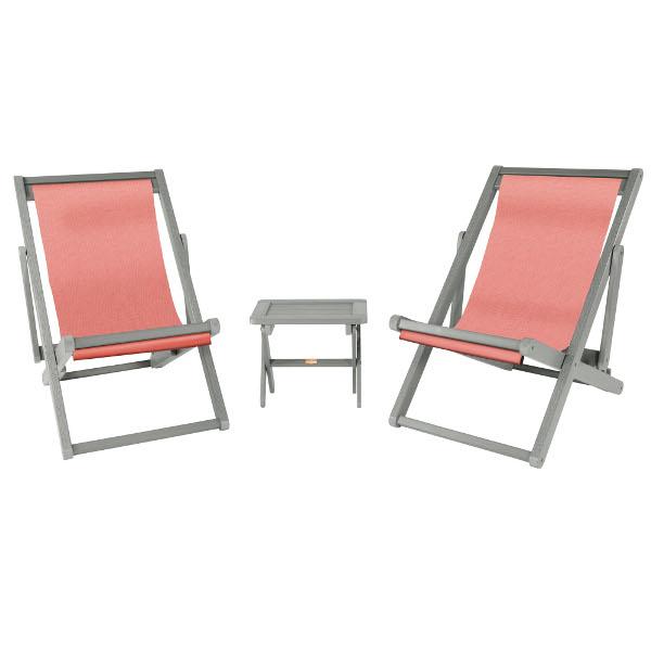 2 Arabella Folding Sling Chairs with Arabella Folding Side Table Chair &amp; Side Table Coral / Gray