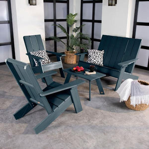 2 Barcelona Modern Adirondack Chairs, with 1 Barcelona Double Wide Modern Adirondack Chair & 1 Conversation Table Conversation Set