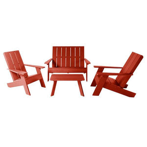 2 Barcelona Modern Adirondack Chairs, with 1 Barcelona Double Wide Modern Adirondack Chair & 1 Conversation Table Conversation Set Rustic Red