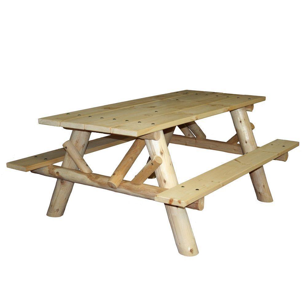 Cedar Log Picnic Table with Attached Benches