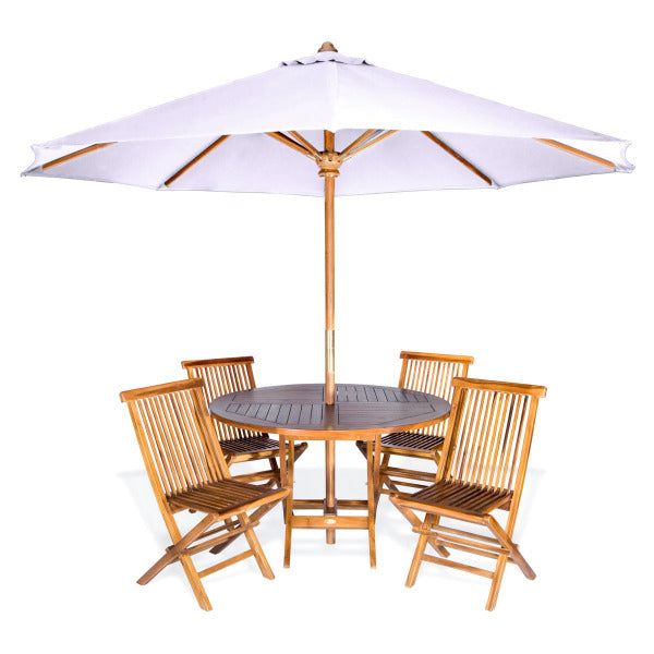6-Piece 4-ft Teak Round Folding Table Set with Umbrella Dining Set Royal White