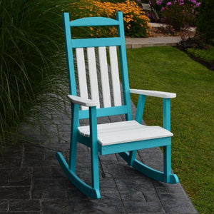 A & L Furniture Poly Classic Porch Rocker w White Accents Rocker Chair Aruba Blue