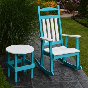 A & L Furniture Poly Classic Porch Rocker w White Accents Rocker Chair Aruba Blue