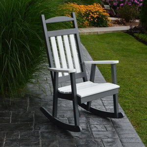 A & L Furniture Poly Classic Porch Rocker w White Accents Rocker Chair Dark Gray