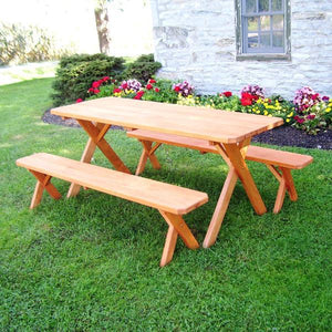 A & L Furniture Pressure Treated Pine Crossleg Table with 2 Benches Picnic Benches 4ft / Redwood / No