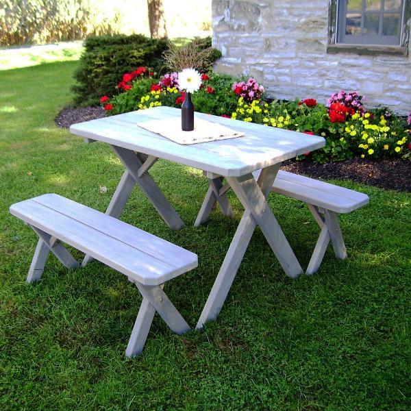 A &amp; L Furniture Pressure Treated Pine Crossleg Table with 2 Benches Picnic Benches 4ft / Unfinished / No