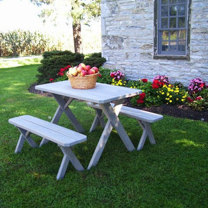 A & L Furniture Pressure Treated Pine Crossleg Table with 2 Benches Picnic Benches 4ft / Unfinished / No
