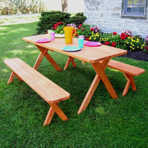 A & L Furniture Pressure Treated Pine Crossleg Table with 2 Benches Picnic Benches 4ft / Unfinished / No