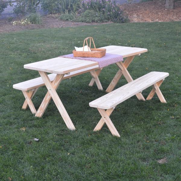 A &amp; L Furniture Pressure Treated Pine Crossleg Table with 2 Benches Picnic Benches 4ft / Unfinished / No