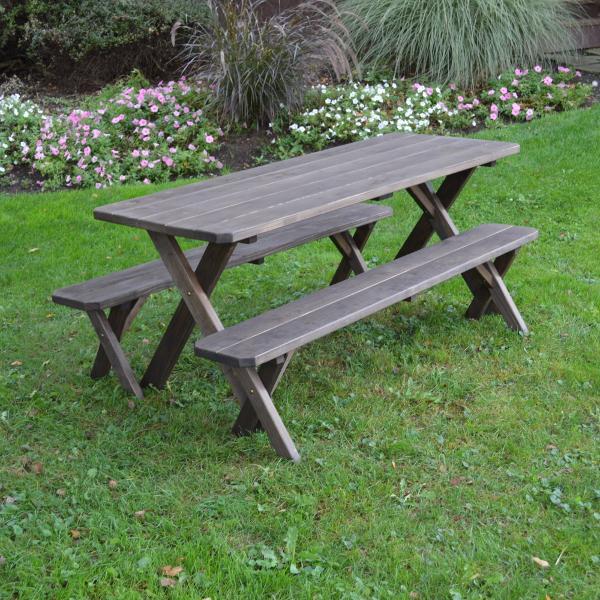 A &amp; L Furniture Pressure Treated Pine Crossleg Table with 2 Benches Picnic Benches 4ft / Walnut / No