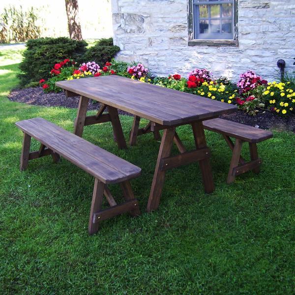 A &amp; L Furniture Pressure Treated Pine Traditional Table with 2 Benches Dining Bench Sets 4ft / Walnut / No