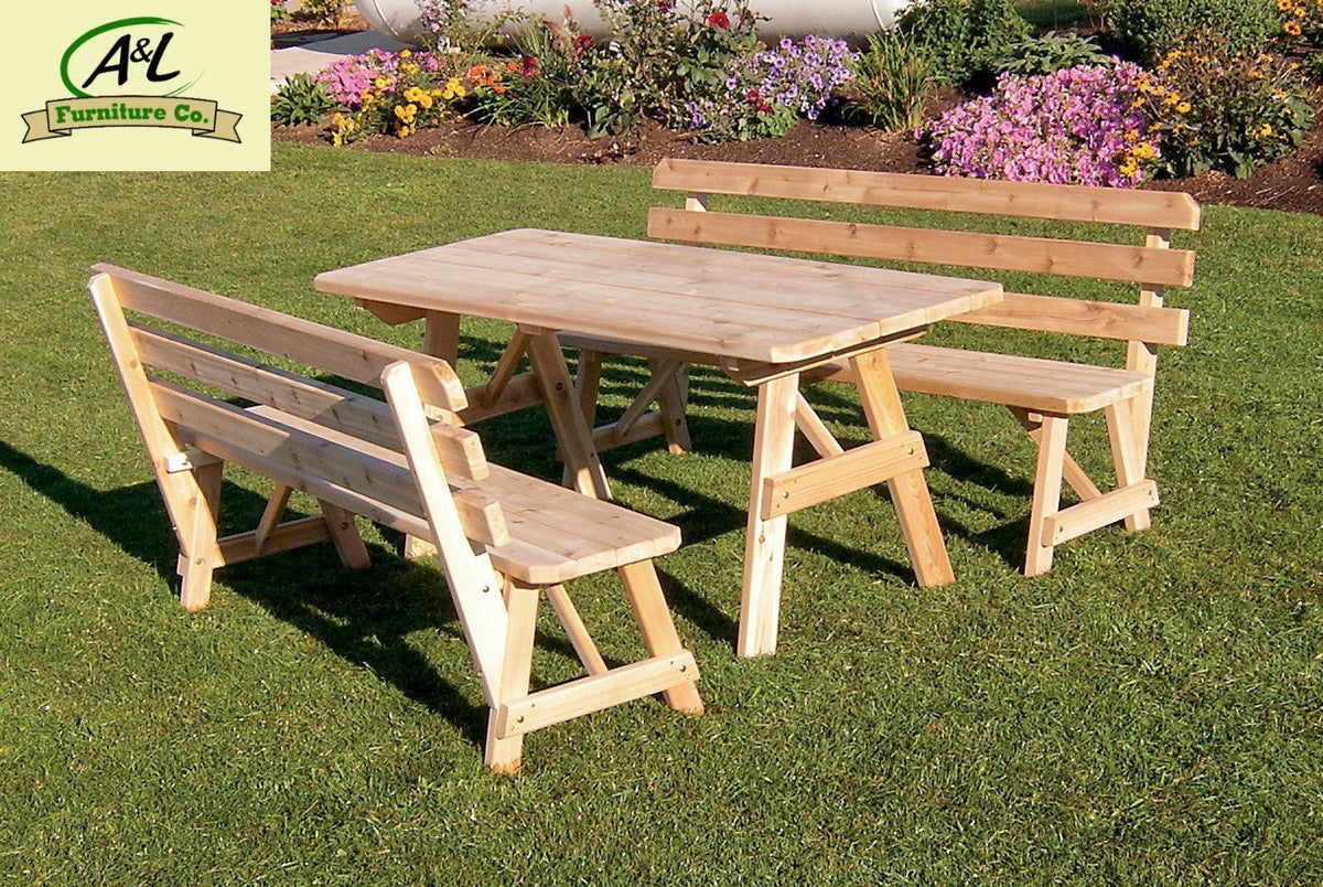A &amp; L Furniture Western Red Cedar Picnic Table with 2 Backed Benches Picnic Table 4ft / Unfinished / No