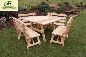 A & L Furniture Western Red Cedar Square Table with 4 Backed Benches Picnic Table Unfinished / No