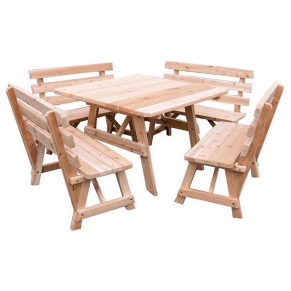 A &amp; L Furniture Western Red Cedar Square Table with 4 Backed Benches Picnic Table Unfinished / No