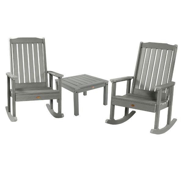 Adirondack 2 Lehigh Rocking Chairs with Side Table Conversation Set Coastal Teak