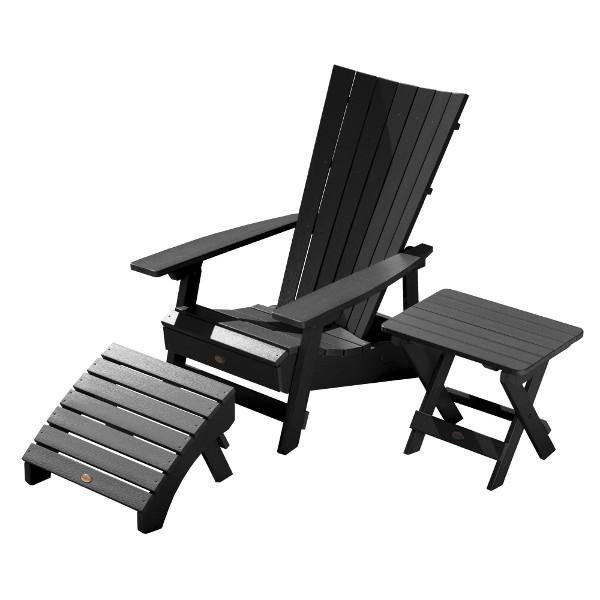 Adirondack Manhattan Beach Chair with Folding Side Table &amp; Ottoman Conversation Set Black