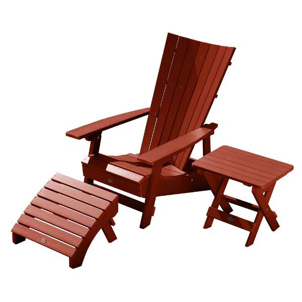 Adirondack Manhattan Beach Chair with Folding Side Table &amp; Ottoman Conversation Set Rustic Red