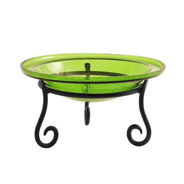 Fern Green Crackle Glass Birdbath Bowl Birdbath Bowl 12 inch / Birdbath with Short Stand
