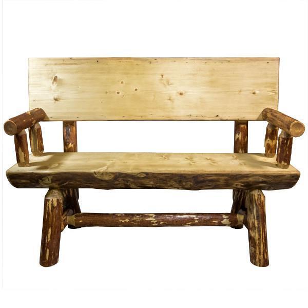 Montana Woodworks Glacier Country Half Log Bench with Back &amp; Arms Garden Benches 4ft