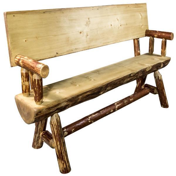 Montana Woodworks Glacier Country Half Log Bench with Back &amp; Arms Garden Benches 4ft