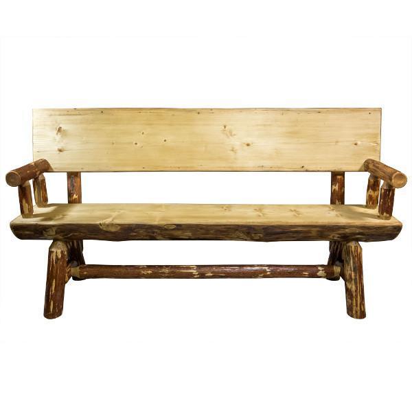 Montana Woodworks Glacier Country Half Log Bench with Back &amp; Arms Garden Benches 6ft