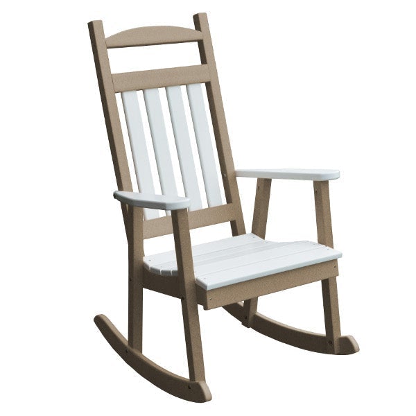 Poly Classic Porch Rocker w White Accents Rocking Chair Weathered Wood