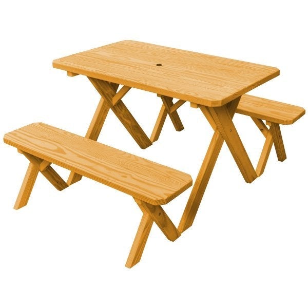 Pressure Treated Pine Crossleg Table with 2 Benches Picnic Benches 4ft / Natural Stain / Include Standard Size Umbrella Hole
