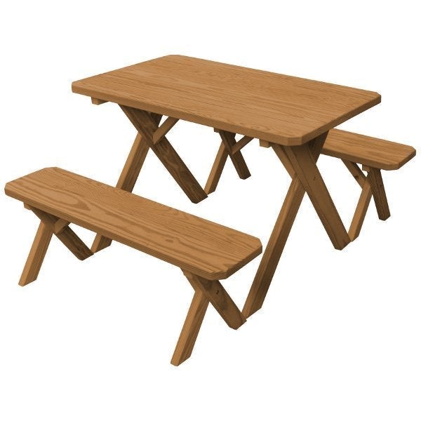 Pressure Treated Pine Crossleg Table with 2 Benches Picnic Benches 4ft / Oak Stain / Without Umbrella Hole