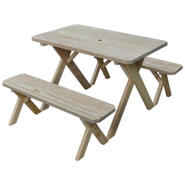 Pressure Treated Pine Crossleg Table with 2 Benches Picnic Benches 4ft / Unfinished / Include Standard Size Umbrella Hole