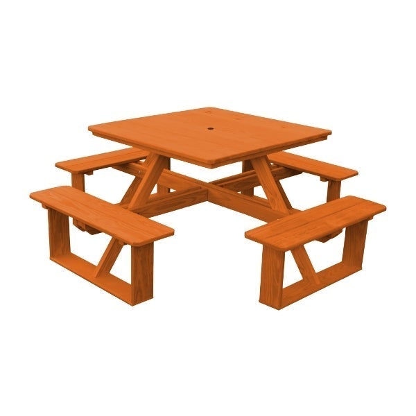Pressure Treated Pine Square Walk-In Table Picnic Table Redwood Stain / Include Standard Size Umbrella Hole