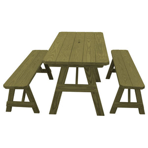 Pressure Treated Pine Traditional Table with 2 Benches Dining Bench Set 5ft / Linden Leaf Stain / Include Standard Size Umbrella Hole