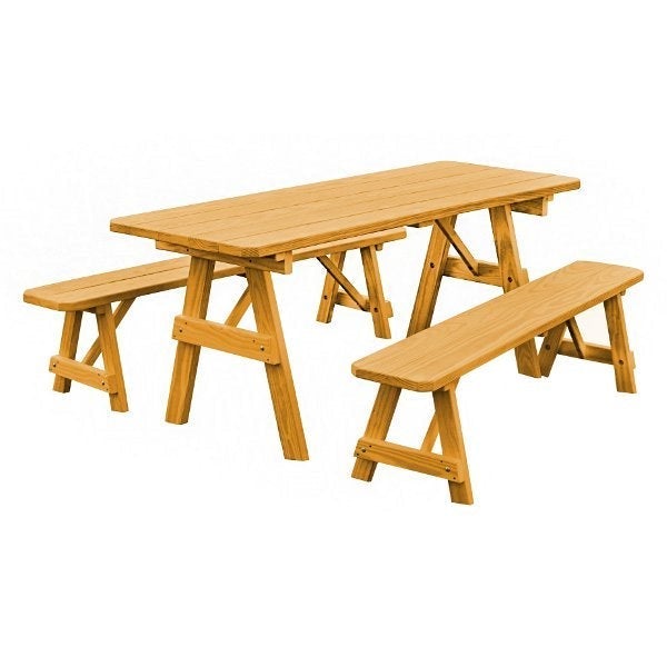 Pressure Treated Pine Traditional Table with 2 Benches Dining Bench Set 6ft / Natural Stain / Without Umbrella Hole